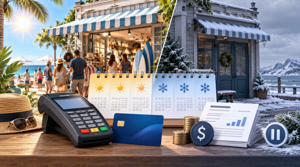 Seasonal business payment terminal with monthly calendar showing active and zero-volume months