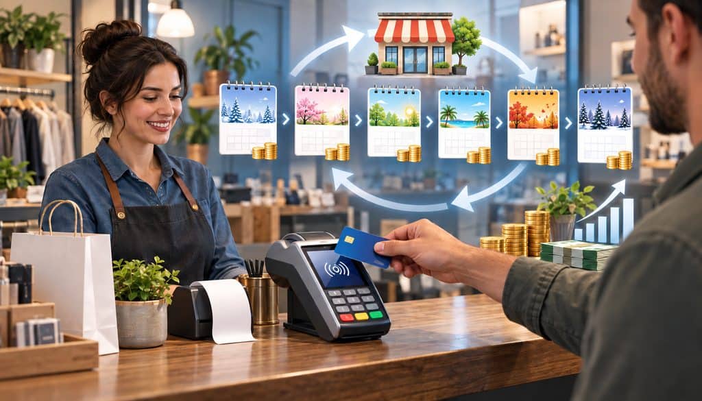 Card-present payment terminal with monthly FANF billing cycle illustration