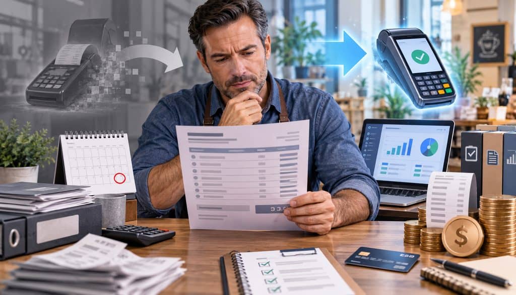Merchant reviewing the old processor’s final FANF statement during a payment processor switch